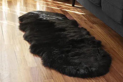 Miniatura 13 de Alfombra de piel sintética suave y sedosa, 2 x 3 pies, alfombra negra esponjosa, alfombra de piel de oveja, alfombra lanuda para sala de estar