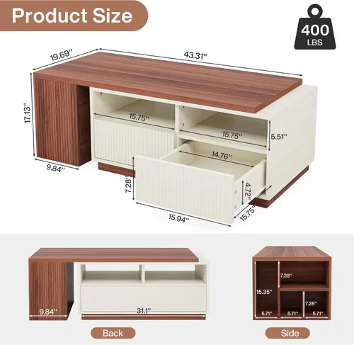 Miniatura 2 de Tribesigns Mesa auxiliar extensible con 2 cajones de almacenamiento, mesa reversible para sala de estar con estantes y parte superior ajustable