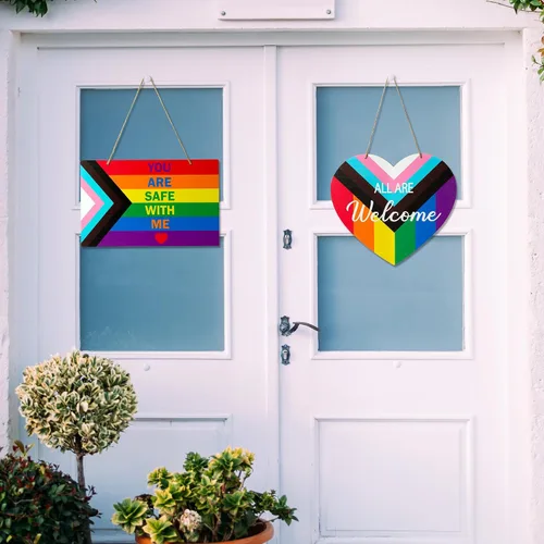 Miniatura 4 de Haooryx LGBTQ - Letrero de puerta del orgullo – 2 piezas de bandera del mes del orgullo LGBTQ+ en forma de corazón, corona de bienvenida de madera