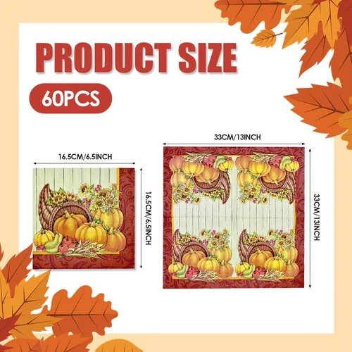 Miniatura 2 de Paquete de 60 servilletas de papel para el día de Acción de Gracias, 13 x 13 pulgadas, desechables, cornucopia, calabaza, vajilla, almuerzo, cóctel