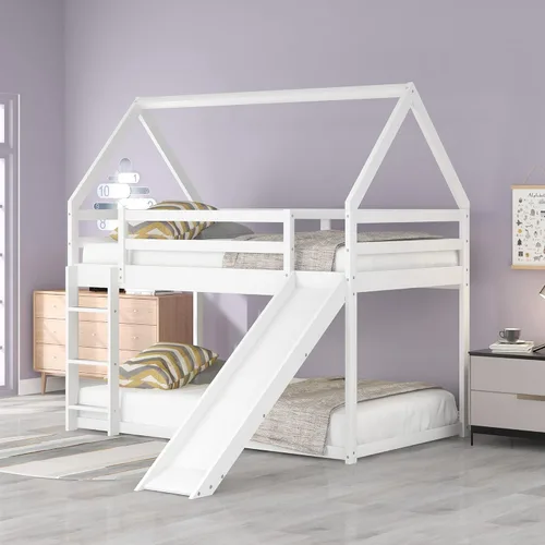 Miniatura 12 de Harper & Bright Designs - Litera de casa individual sobre cama individual con tobogán para niños y niñas, litera de piso de madera con techo y Gris