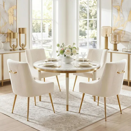 Miniatura 38 de Sillas de comedor modernas, sillas de comedor tapizadas en terciopelo con patas doradas, juego de 2 sillas de acento con capitoné para sala de Beige