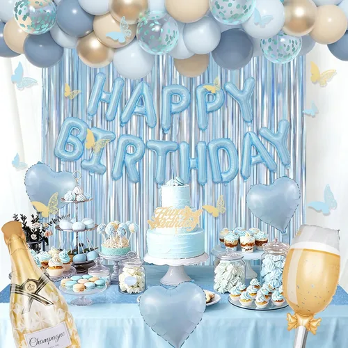 Miniatura 6 de Amandir Blue Birthday Decorations for Women, Light Dusty Blue White Sand Metallic Gold Confetti Foil Balloons Happy Birthday Banner Butterfly Fringe