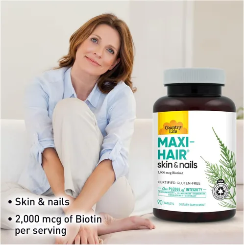 Miniatura 5 de Country Life Suplemento Maxi-Hair - 2000 mcg de biotina y vitaminas para cabello, piel y uñas - Certificado sin gluten y vegetariano - Apoya