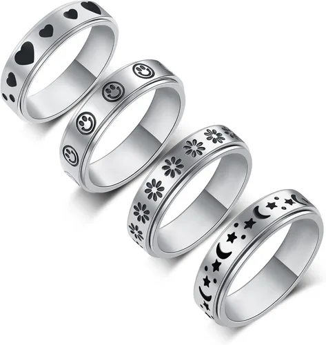 Anillo de ansiedad para mujer, anillos giratorios: anillos giratorios de acero inoxidable de 0.236 pulgadas (0.236 in) con luna y estrella para la