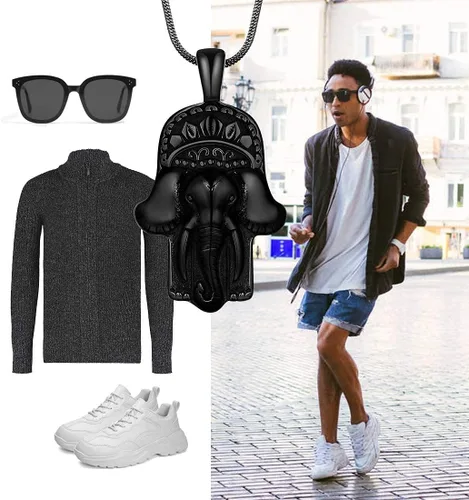 Miniatura 7 de Hamsa - Collar de mano para hombre, acero inoxidable 316L, colgante de mano de Fátima, chapado en oro de 18 quilates, color negro y pistola, amuleto