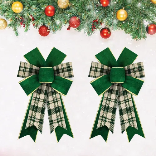Estivaux 2 piezas de lazos de Navidad para corona, lazos de terciopelo verde para corona de guirnalda de cuadros de búfalo de invierno para