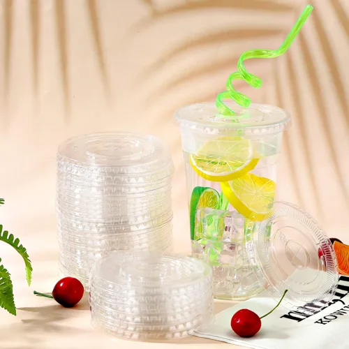 Miniatura 7 de Hortsun 500 tapas planas de plástico PET transparente con ranuras para pajilla, tapas desechables de plástico transparente para tazas para café