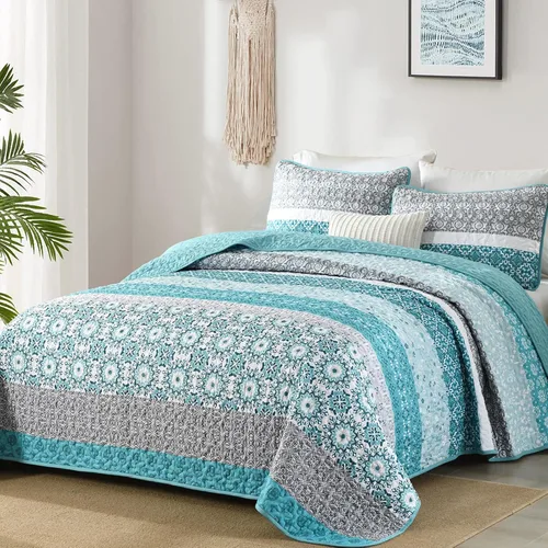 Miniatura 25 de WONGS BEDDING Juego de edredón bohemio tamaño Queen, juego de colcha de retazos a rayas bohemias aguamarina con 2 fundas de almohada, juego de ropa
