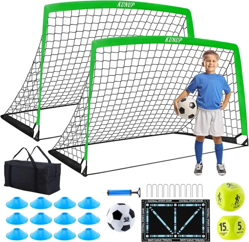 2 Set Kids Soccer Goals for Backyard with Training Equipment, Portable Foldable Practice Nets with Ball, Dice & Mat, Cones, Air Pump and Carry Bag