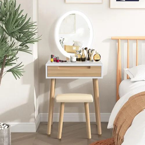 Juego de mesa de maquillaje YOURLITE con espejo iluminado ajustable de 3 modos, taburete acolchado, mueble tocador para espacios pequeños Juego de