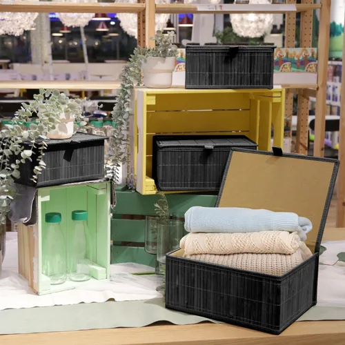 Miniatura 7 de Cesta de mimbre con tapa, caja de almacenamiento de bambú para estantes, cajas de almacenamiento de bambú con tapas, cesta decorativa rectangular