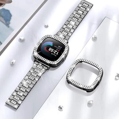 Miniatura 5 de Dsytom Bling Banda de Reloj Elegante Compatible con Fitbit Versa 4, Sense 2, Versa 3, Sense - Correa Linda con Funda Protectora de Rinstone