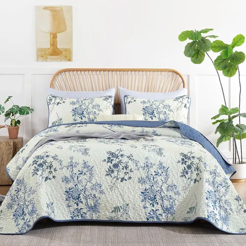 Miniatura 9 de WONGS BEDDING Juego de edredón floral matrimonial, juego de colcha con patrón botánico azul para mujeres, adolescentes y niñas, juego de ropa