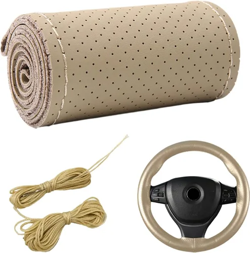 Miniatura 14 de Dickno Funda para volante de automóvil, protector de volante antideslizante con costura envolvente para diámetro máximo de 15 pulgadas, costura DIY