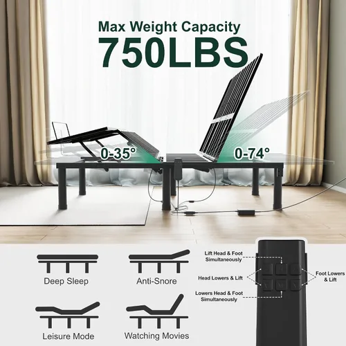 Miniatura 4 de SunsGrove Base de cama ajustable Queen, control remoto con cable, inclinación independiente de cabeza y pie, base de marco de cama eléctrica, patas