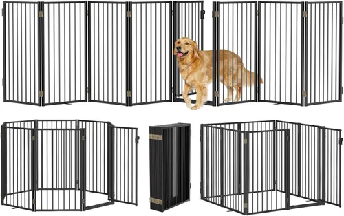 Miniatura 15 de Puertas de metal independientes para perros con puerta para interiores y exteriores, 80 pulgadas, extra ancho, 32 pulgadas de alto, puerta Blanco
