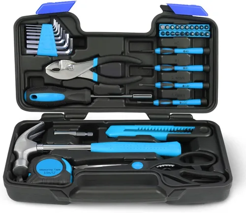 Auto Dynasty Kit de herramientas para el hogar de 39 piezas, juegos de herramientas manuales básicas para el hogar con destornilladores, Azul