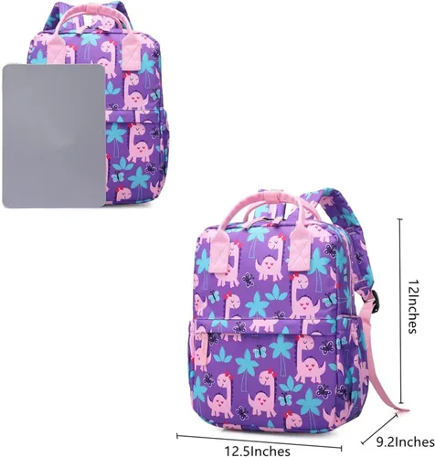 Miniatura 4 de Linda mochila preescolar para niños pequeños, bolsa de viaje con correa para el pecho (12 pulgadas, dinosaurio femenino)