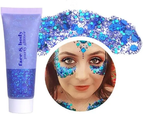 Brillantina para la cara azul, traje de neón brillante, para fiesta, lentejuelas holográficas, maquillaje en gel con purpurina corporal (01# azul)