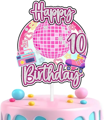 Decoración retro de pastel de discoteca para niñas de 10 cumpleaños feliz hip hop, decoraciones de boombox, fiesta de patinaje sobre ruedas, fiesta
