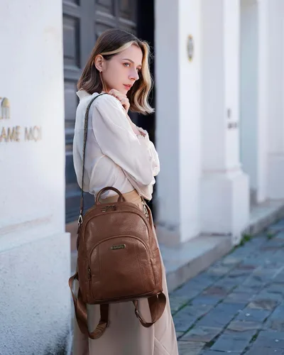 Miniatura 3 de Blofinche Pequeña mochila de cuero genuino para mujer, bolso convertible de diseñador para mujer, antirrobo, para el trabajo, casual, #1 Caqui mate
