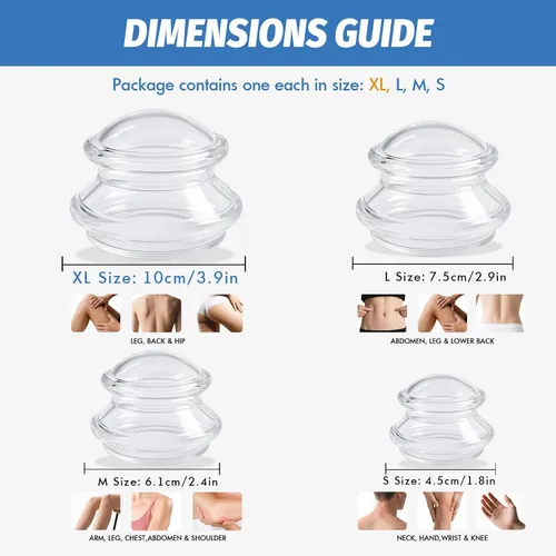 Miniatura 3 de ELERA Juego de terapia de ventosas de silicona – Tazas de masaje transparentes en 4 tamaños (XL, L, M, S) para relajación corporal, celulitis