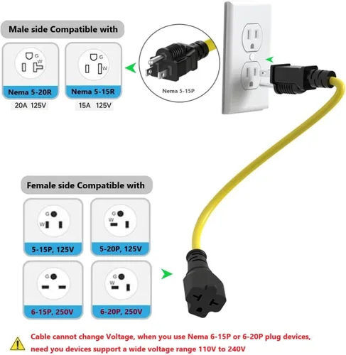 Miniatura 5 de Cable adaptador de clavija de CA para el hogar de 1 pie de 15 amperios a 20 amperios T Blade Cable adaptador 12AWG Nema 5-15P a 5-20R, cable