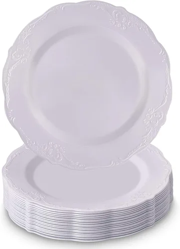 Miniatura 10 de Juego de vajilla desechable, 20 platos de pastel (vintage, crema, 9 pulgadas)