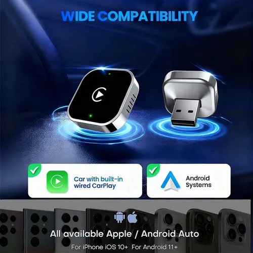Miniatura 5 de Adaptador inalámbrico CarPlay y dongle automático Android, plateado brillante, conexión automática rápida, convertidor inalámbrico compacto