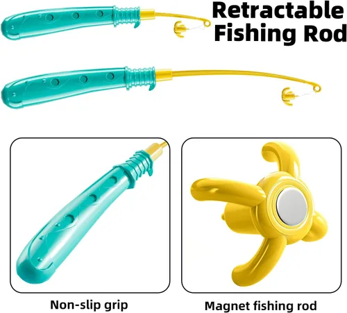 Miniatura 5 de TEMI - Juego de pesca para niños de 3, 4, 5, 6, 7, 8 años, juego de baño con 51 peces para niños pequeños, juguete con caña magnética y red