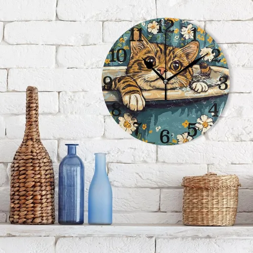 Miniatura 3 de Reloj redondo de montaje en pared de 10 pulgadas silencioso dibujos animados Bengala gatos retro bañera simple para el hogar dormitorio dormitorio