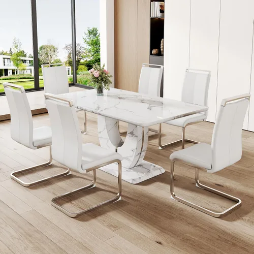 Miniatura 34 de Juego de 6 sillas de mesa de comedor para 6, juego de 6, moderno juego de comedor con mesa de comedor de mármol de 63 pulgadas, sillas tapizadas