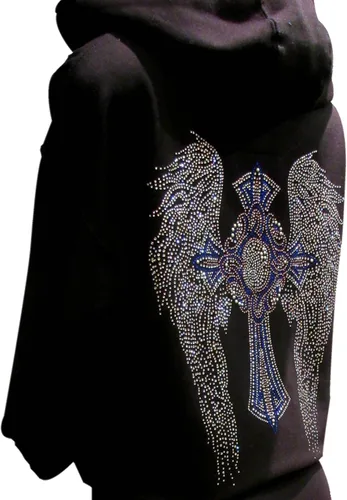 Miniatura 3 de Sudadera con capucha con cremallera negra con diamantes de imitación multicolor y alas de ángel, Negro