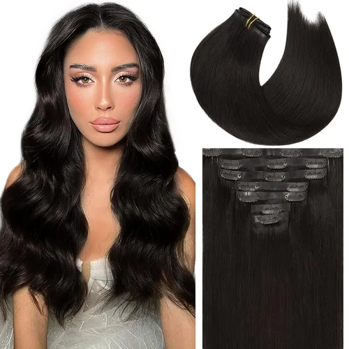 Miniatura 53 de Caliee Extensiones de cabello con pinzas de cabello humano 14 pulgadas Color 1 Negro azabache trama doble invisibles Extensiones de cabello humano