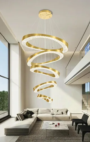 Miniatura 7 de Flashing God Lámpara de Araña Grande para Techo Alto, Lámpara de Araña de Cristal Moderna de 5 Anillos para Entrada, Accesorios de Iluminación