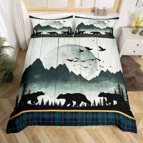 Juego de ropa de cama de oso rústico tamaño individual para mujeres adultas, funda de edredón con estampado de oso salvaje y animales salvajes,