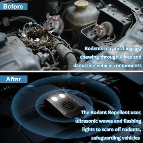 Miniatura 3 de Repelente ultrasónico de roedores con luz estroboscópica y onda ultrasónica, disuasorio eficaz para ratones para vehículos, automóviles, sótanos