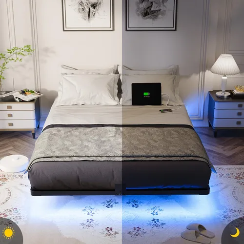 Miniatura 8 de OLEVS Base de cama flotante de tamaño matrimonial con luces LED inteligentes y estación de carga, cama moderna de plataforma de metal, fácil