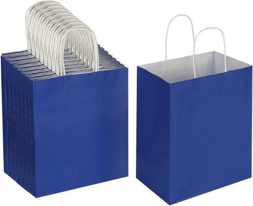 Oikss Paquete de 100 bolsas de papel kraft medianas de 8 x 4.75 x 10 pulgadas con asas a granel para cumpleaños, bodas, fiestas, comestibles, Azul