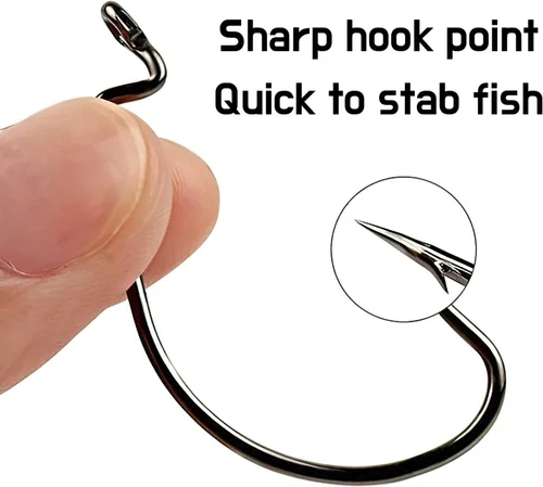 Miniatura 5 de Ganchos de pesca de gusano compensados, ganchos de pesca de lubina, 3X-fuertes ganchos de gusano de acero de alto carbono, cebos suaves para señuelo