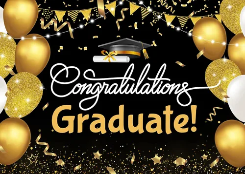 Miniatura 4 de Telón de fondo de graduación de 5 x 3 pies para sesión de fotos, globos negros y dorados, felicitaciones, graduados, clase de 2025, felicitaciones