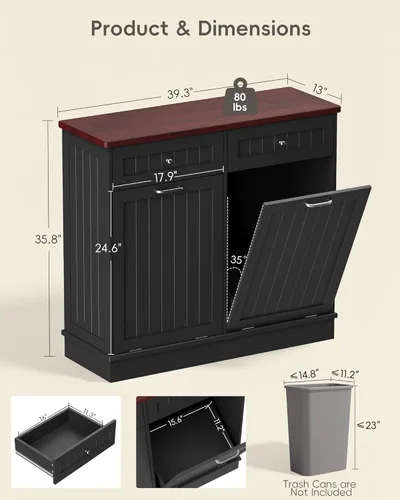 Miniatura 8 de Betterhood Gabinete de Basura Inclinable de 10 Galones de Madera Independiente Clasificador de Lavandería, Gabinete de Reciclaje con Cajón Oculto