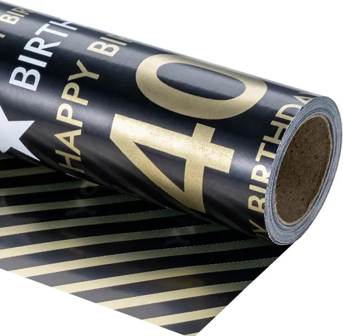 RUSPEPA Rollo de papel de regalo reversible, mini rollo, patrón negro y dorado para cumpleaños de 40 años, ideal para cumpleaños, fiestas, baby 40