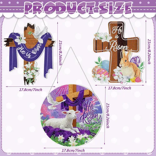 Miniatura 3 de Menkxi 3 piezas de arte de diamantes de Pascua para adultos, kit de pintura de diamante con cruz de He is resucitado, 5D, bricolaje, religioso