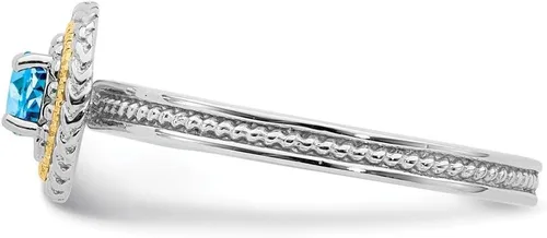 Miniatura 3 de Anillo de plata de ley 925 maciza y oro amarillo de 14 quilates apilable de plata de ley 925 con topacio azul