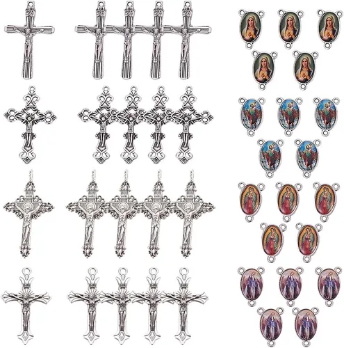 SUNNYCLUE Pascua vacaciones estilo tibetano rosario cruz y centro Nuestra Señora Milagrosa Medalla Esmalte Cruz Colgantes Vintage Charm Oval