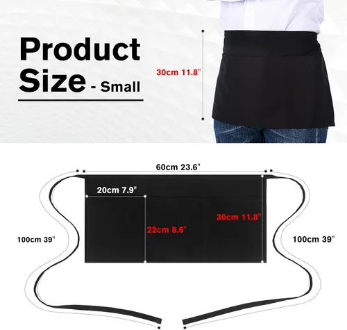 Miniatura 3 de Jubatus Paquete de 3 delantales de servidor 100% algodón con 3 bolsillos para mujeres y hombres, para camarera de cintura, delantales cortos