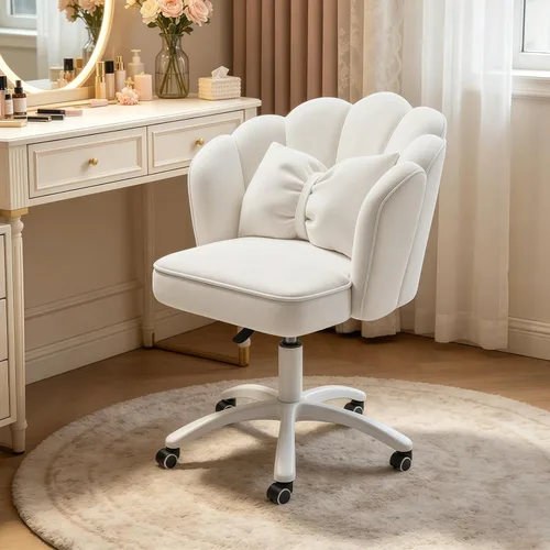 Miniatura 12 de Petal - Silla de escritorio con cojín de lazo, silla de tocador de terciopelo con ruedas, silla tapizada de oficina en casa para niñas y mujeres