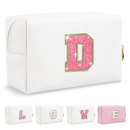 Miniatura 424 de Pequeña bolsa de maquillaje personalizada con inicial A-Z Preppy Patch, bolsa de cosméticos de viaje de felpilla blanca con cremallera, bonita bolsa